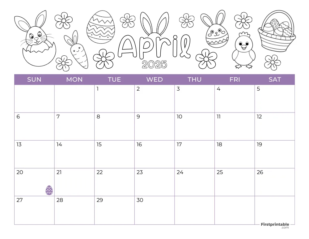 Printable April Calendar 2025 Easter Template 25