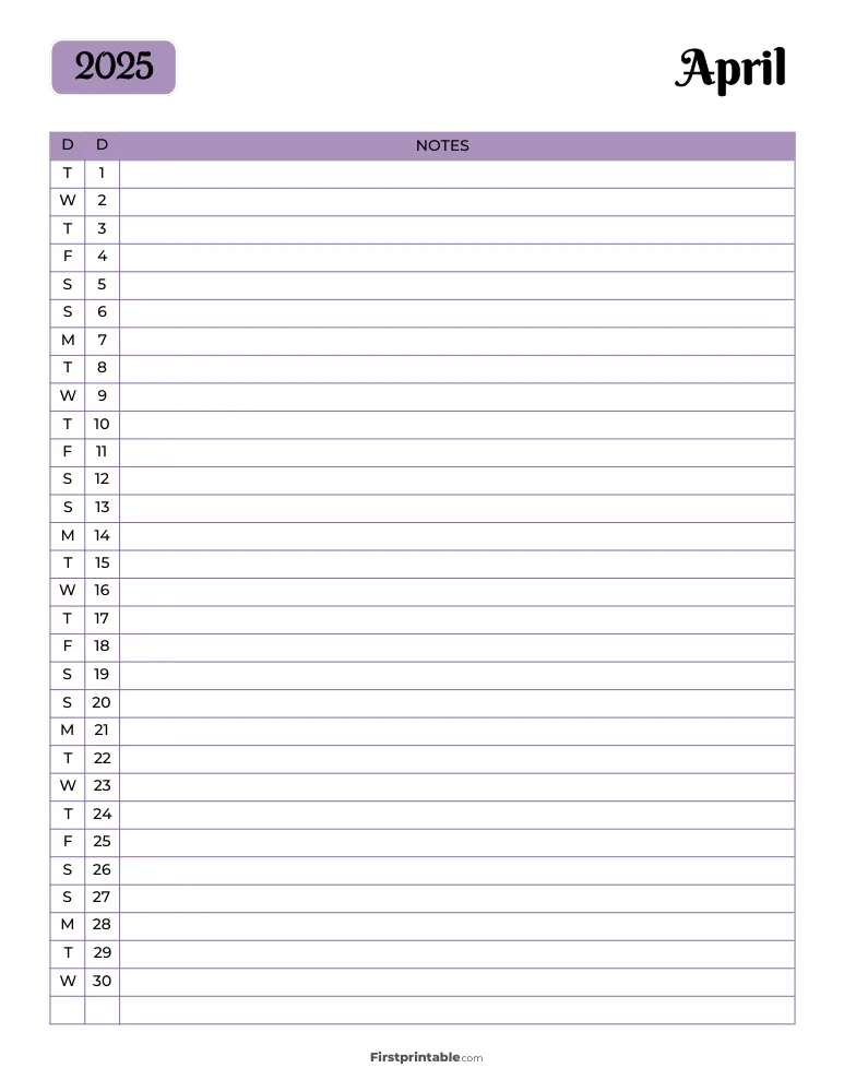 Printable April Calendar 2025 Template 13