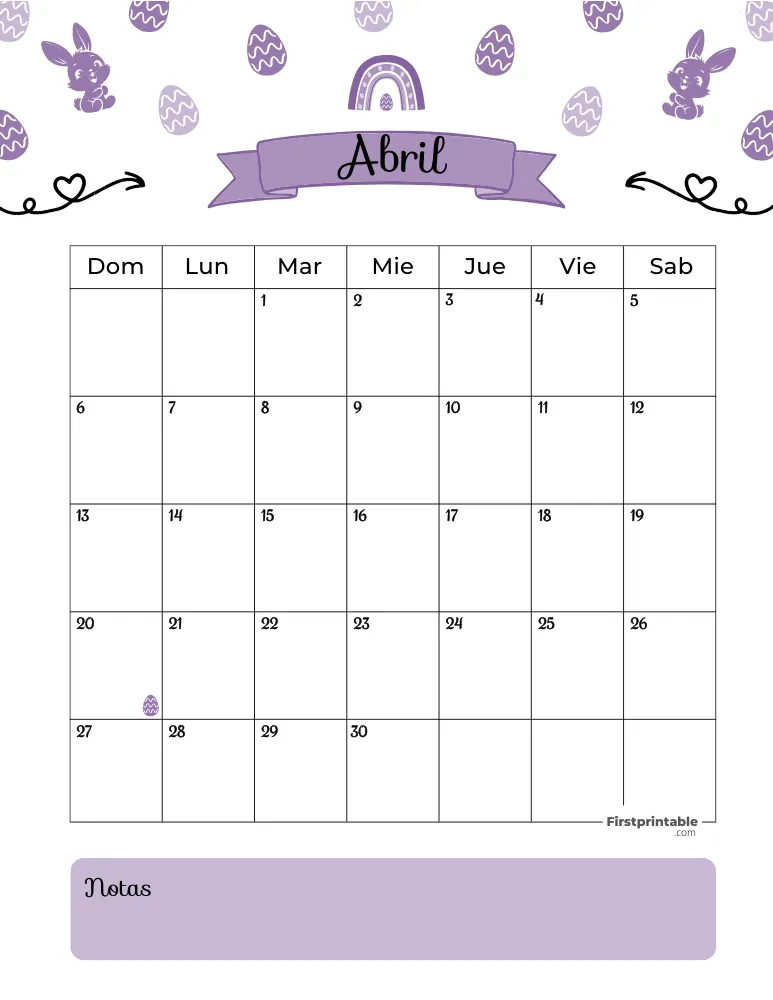 Spanish April Calendar 2025 Easter Template 28