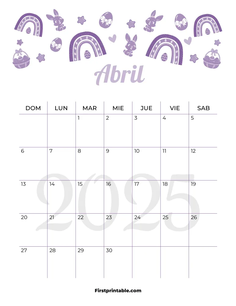 Spanish April Calendar 2025 Easter Template 29