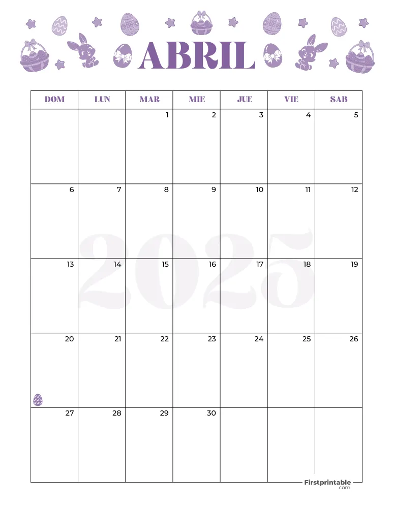 Spanish April Calendar 2025 Easter Template 30