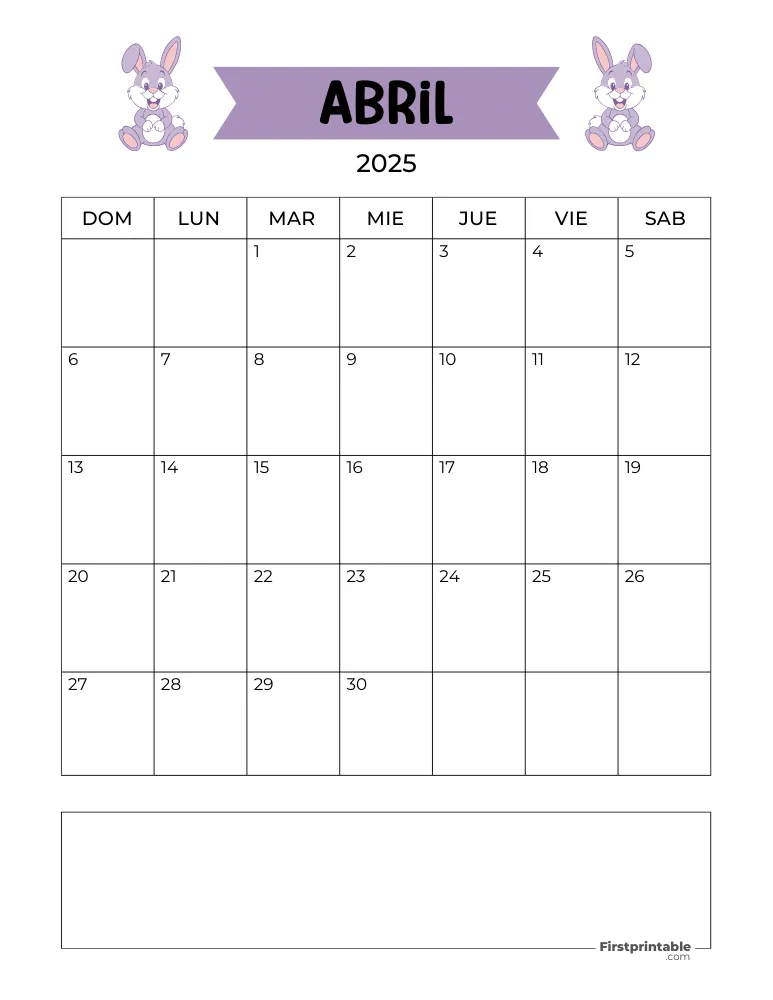 Spanish April Calendar 2025 Easter Template 31