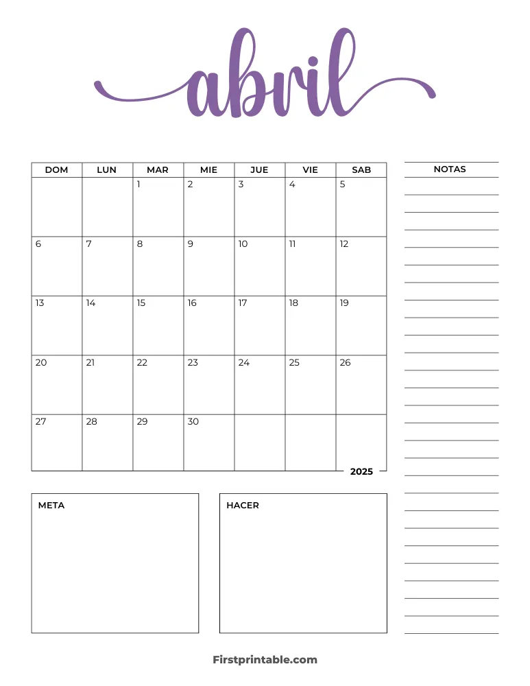 Spanish Printable April Calendar 2025 Template 32