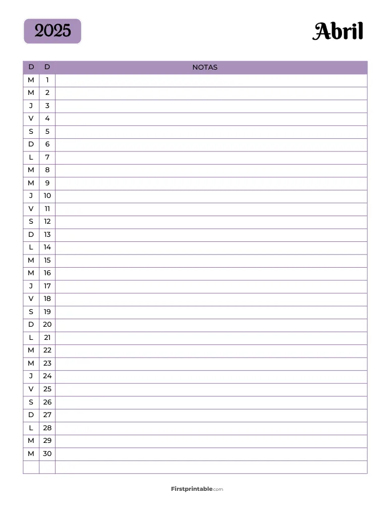 Spanish Printable April Calendar 2025 Template 35