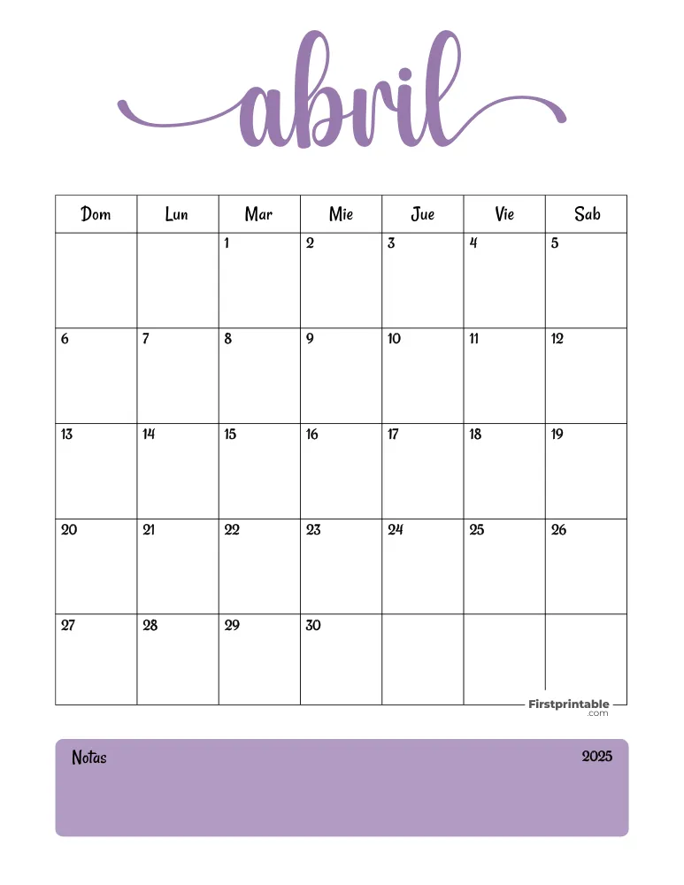 Spanish Printable April Calendar 2025 Template 36