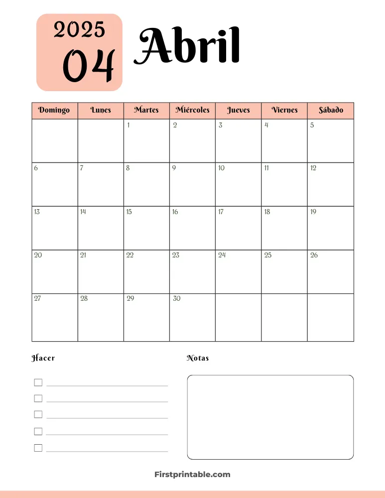 Spanish Printable April Calendar 2025 Template 41