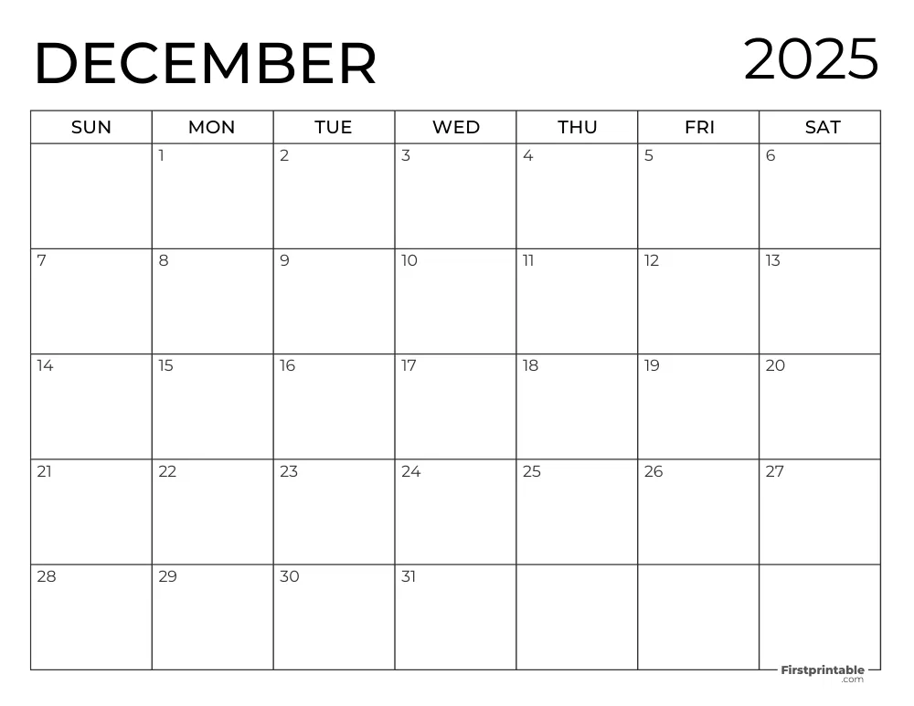 Printable December 2025 Calendar