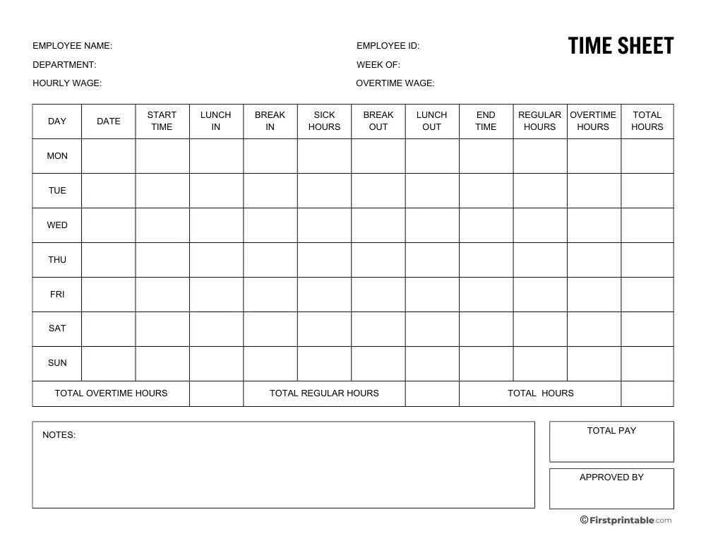 Weekly Timesheet Template with Break Timings