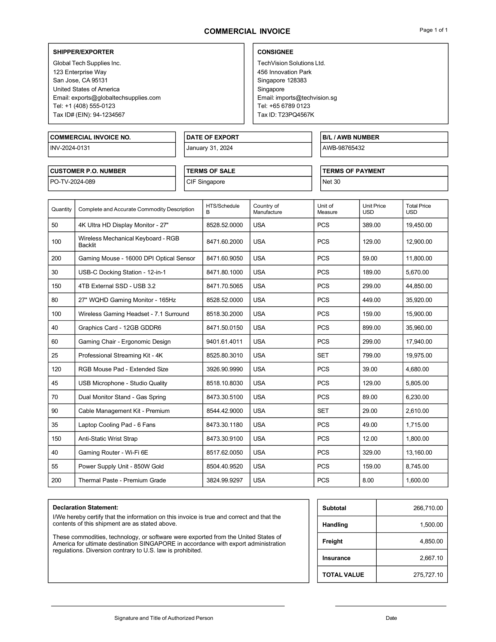 Commercial Invoice Template Word Jenny Printable