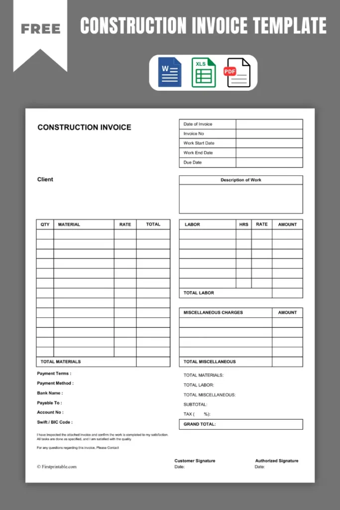 Construction Invoice Template | Word, Excel & PDF Format