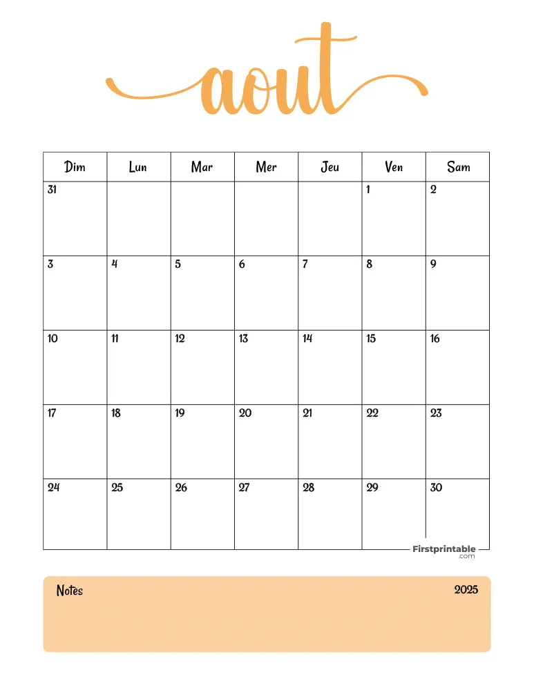 French Printable August Calendar 2025 Template 54