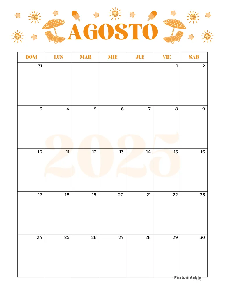 Spanish August Calendar 2025 Summer Template 30