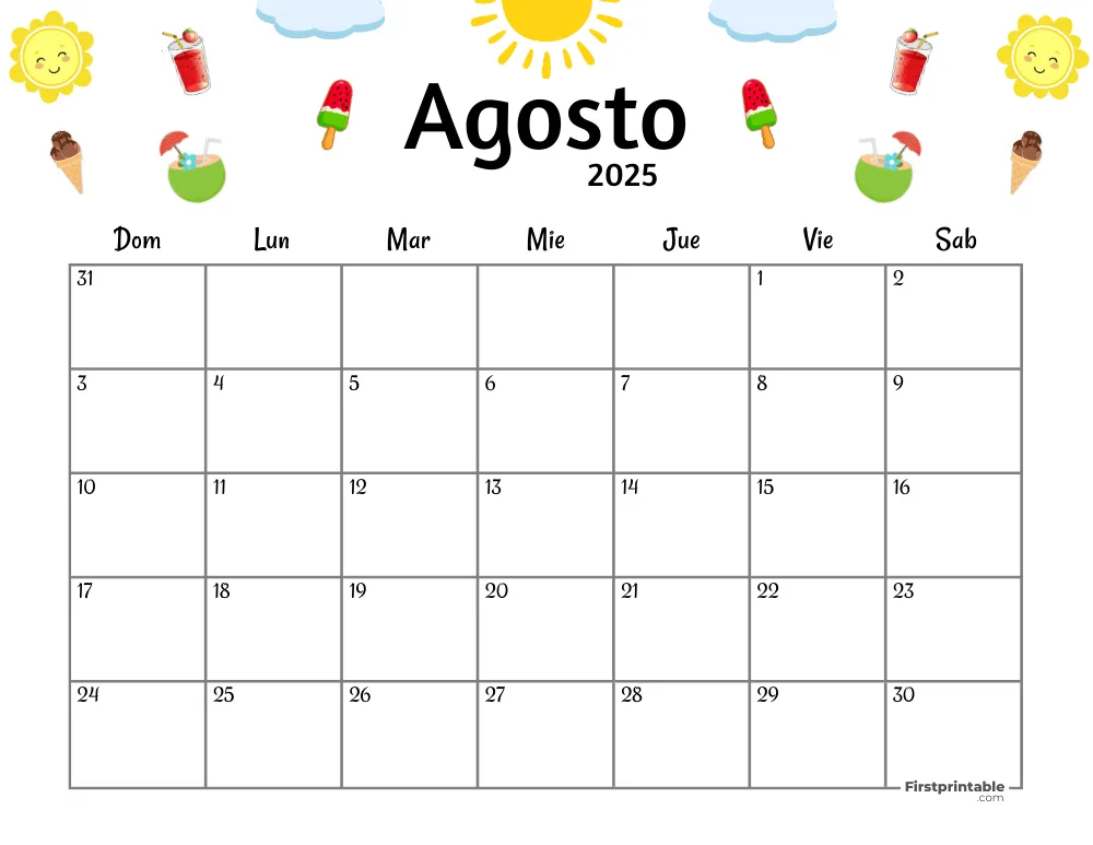 Spanish Printable August Calendar 2025 Summer Template 46