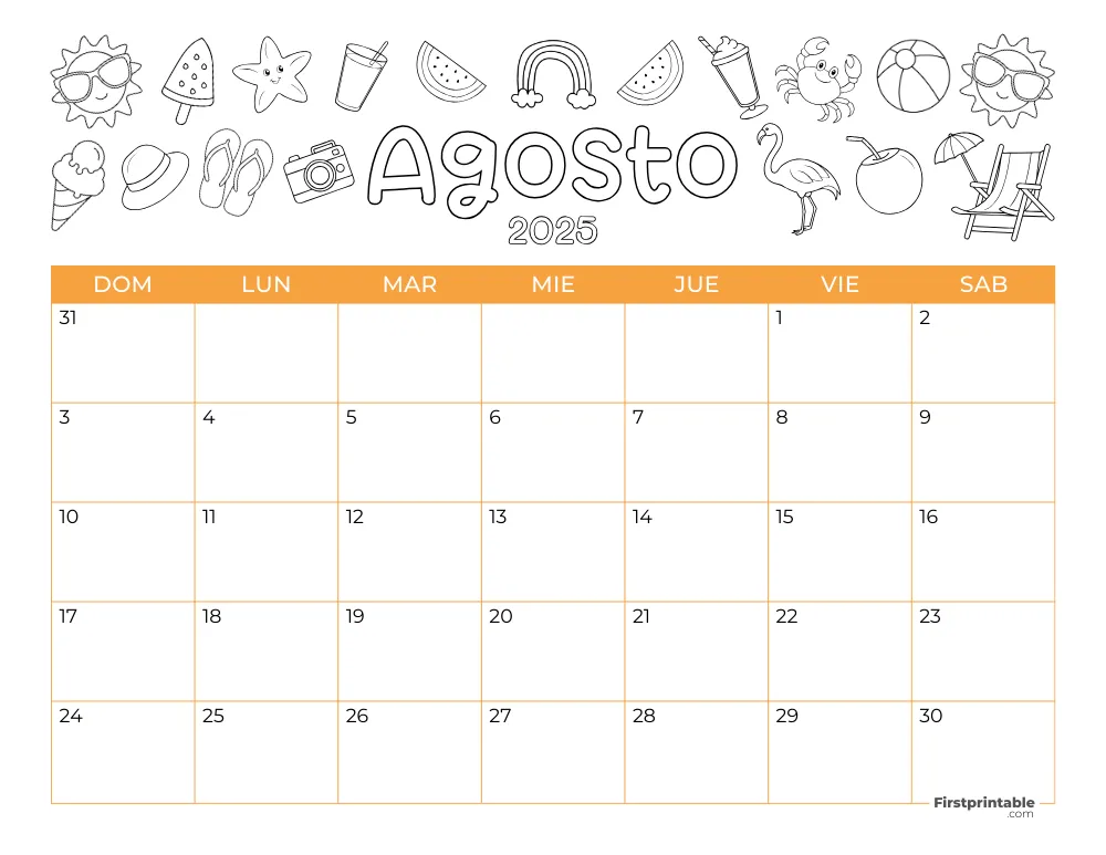 Spanish Printable August Calendar 2025 Summer Template 47