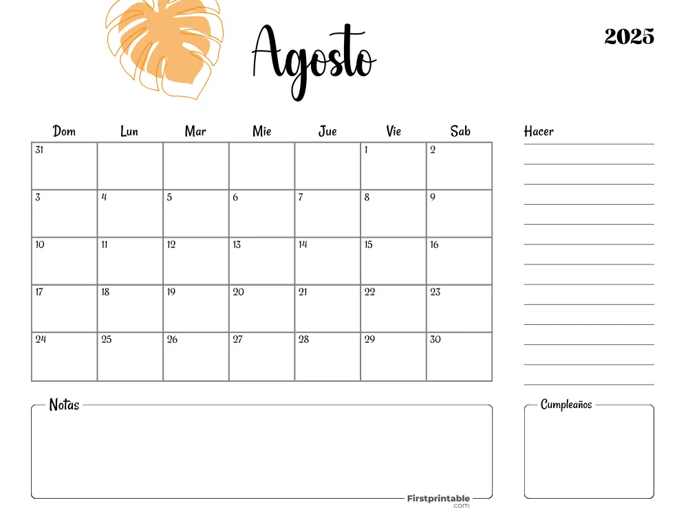 Spanish Printable August Calendar 2025 Template 42