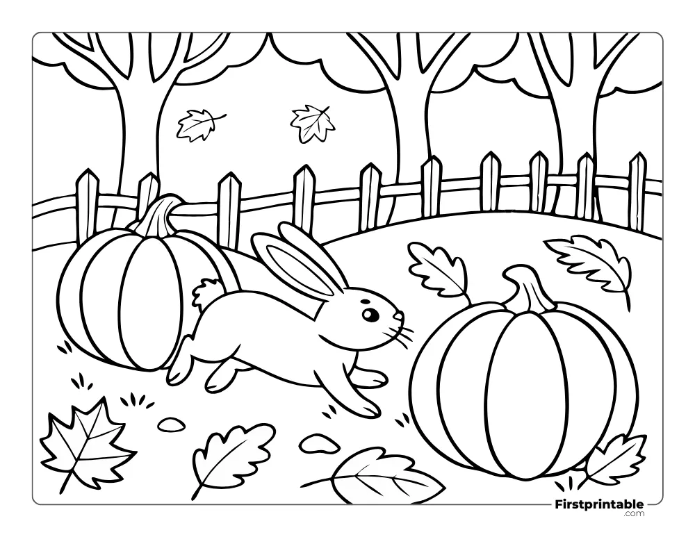 Cute Bunny Hopping in Autumn Coloring Sheet