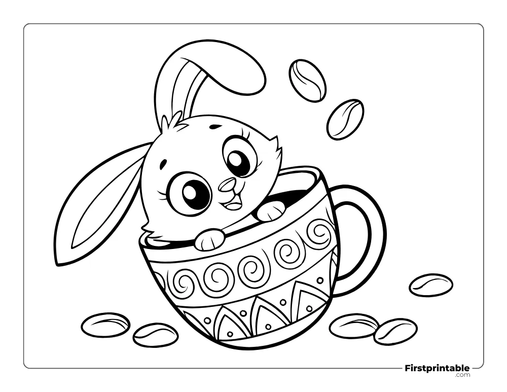 Cute Rabbit Inside Coffee Cup Coloring Page