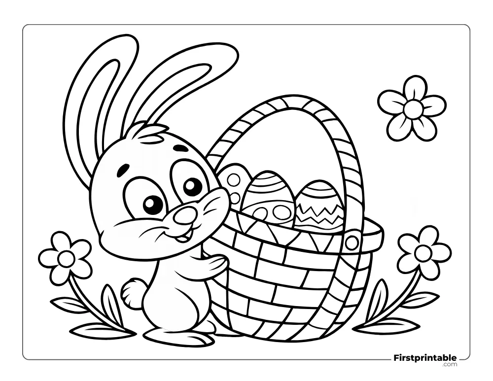 Bunny Hiding behind the Basket Coloring Page