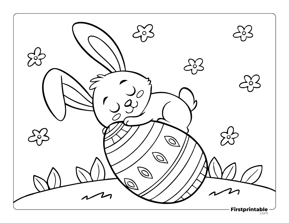 Lazy Bunny Sleeping on the Easter Egg - For Kids to Color