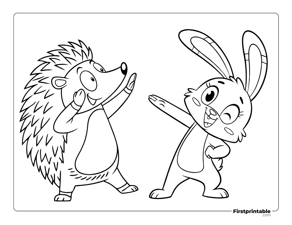 Dabbing Dance Hedgehog and Bunny Coloring Page