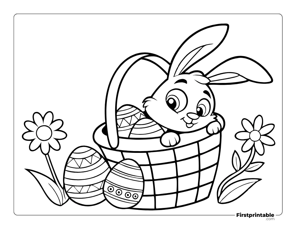 Bunny Peeking out of the Basket to Color