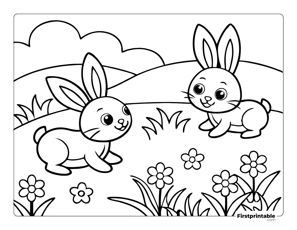 Cute Baby Bunnies Playing Coloring Page