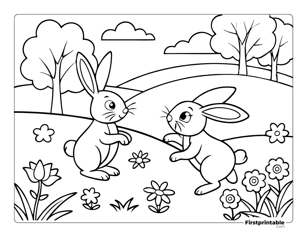 Rabbits Hopping Coloring Page