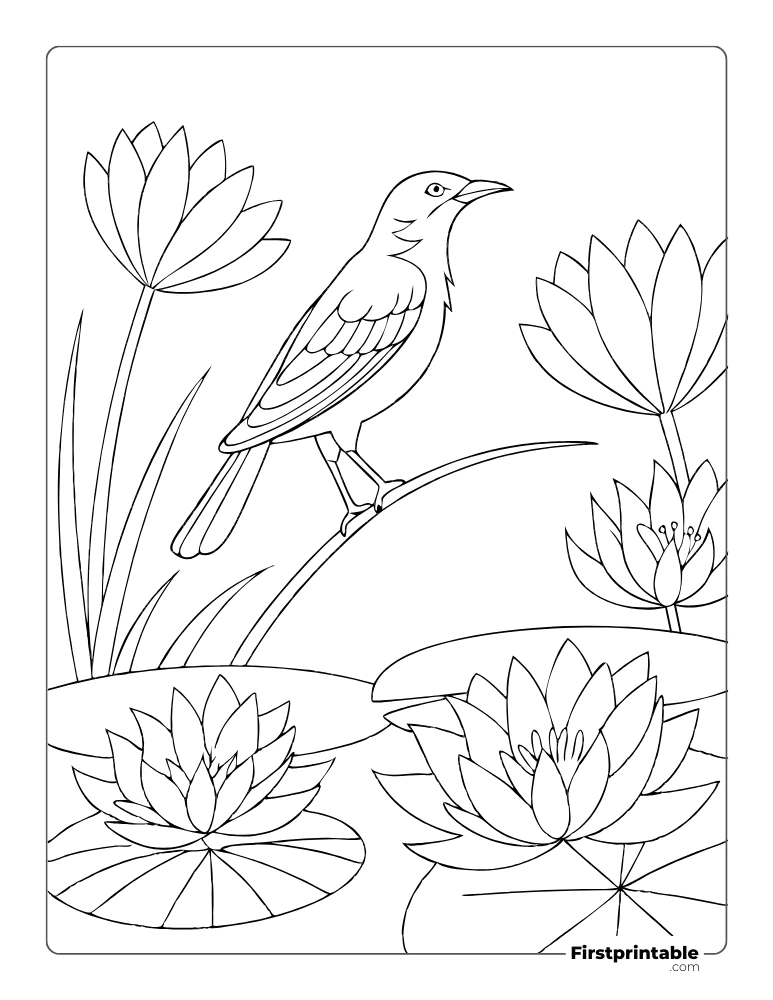 A Cute Bird near the Lotus Flower Pond Coloring Sheet