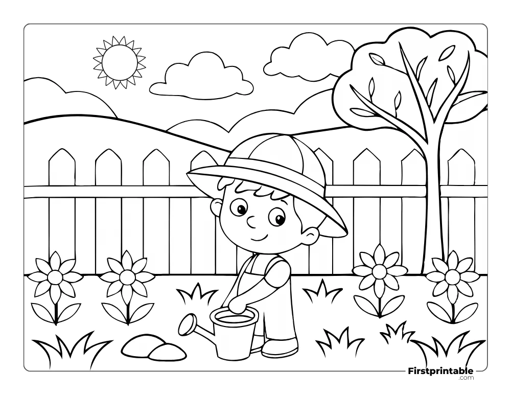 Cute Little Boy Watering the Garden Coloring Page