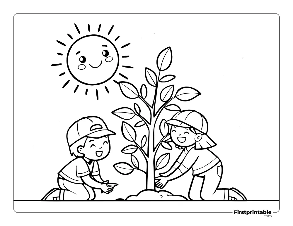 Color the Girl and Boy Planting in the Garden