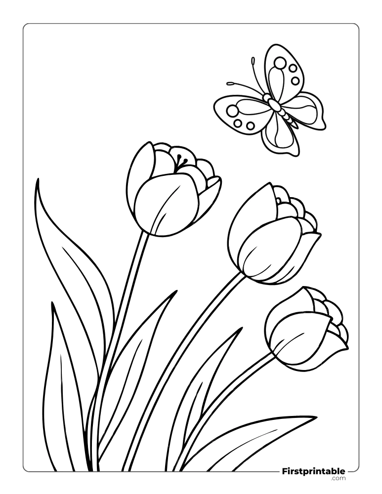 Tulip and Butterfly Coloring Page