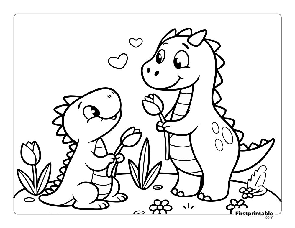 Lovely Dino with Tulip Flower to Propose Coloring Page