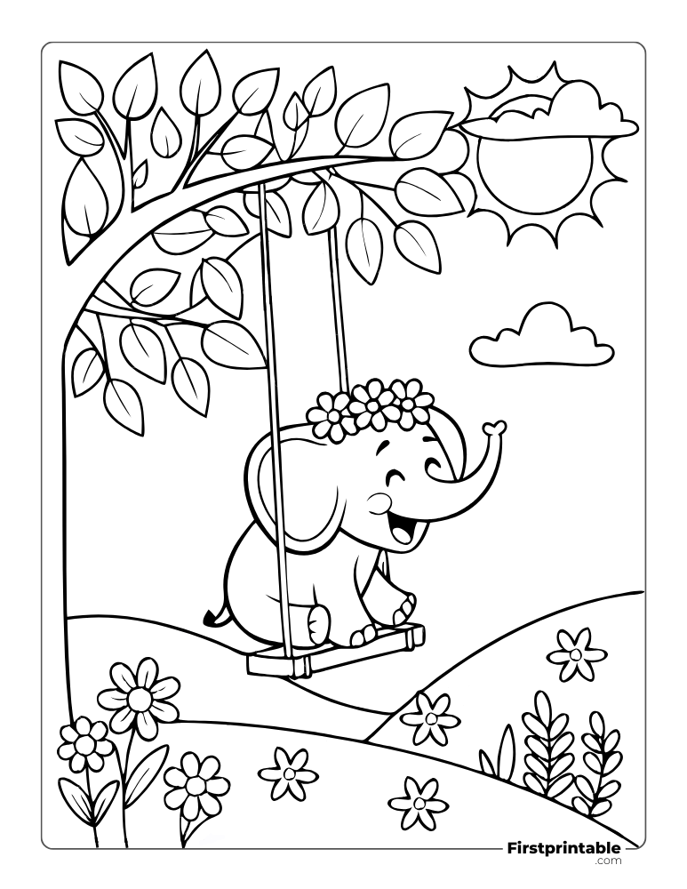 Cute Baby Elephant in the Swing Coloring Page