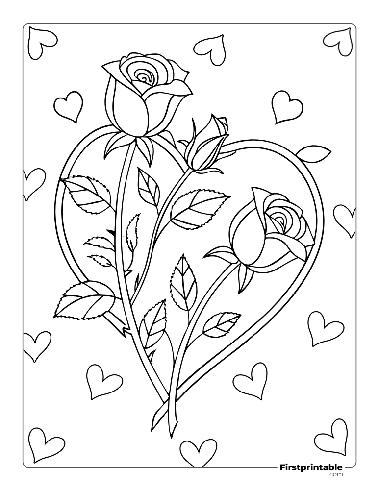 Roses in Heart Shape Coloring Sheet