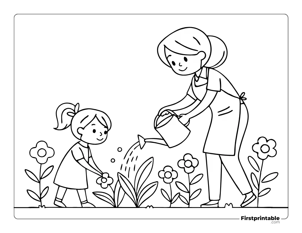 Color the Cute Mom and Kid in the Garden