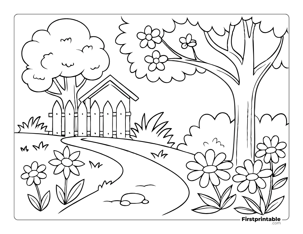 Countryside with Flowers Coloring Page