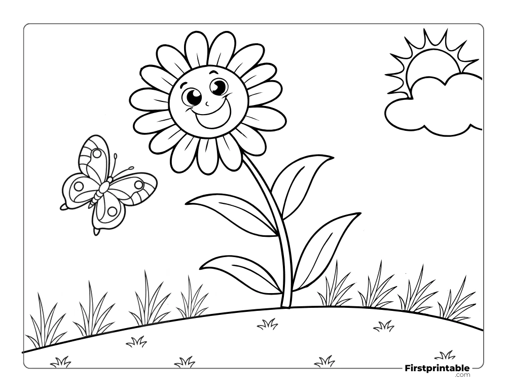 Happy Sunflower and Butterfly Coloring Page