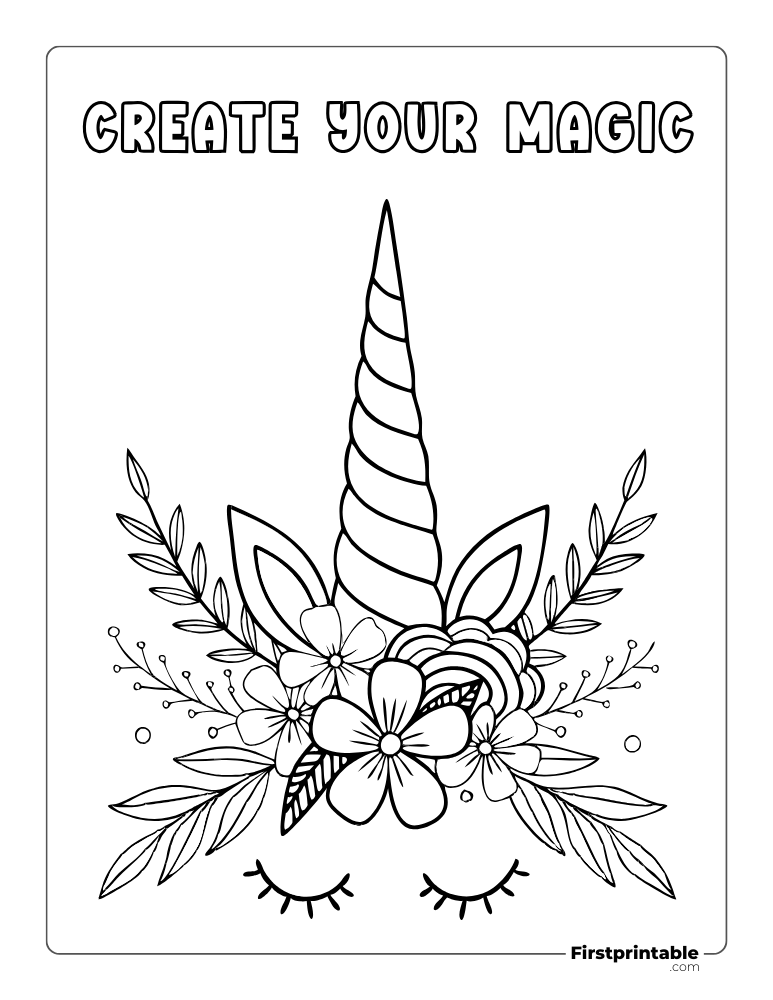 Cute Unicorn Horn and Flowers to Color