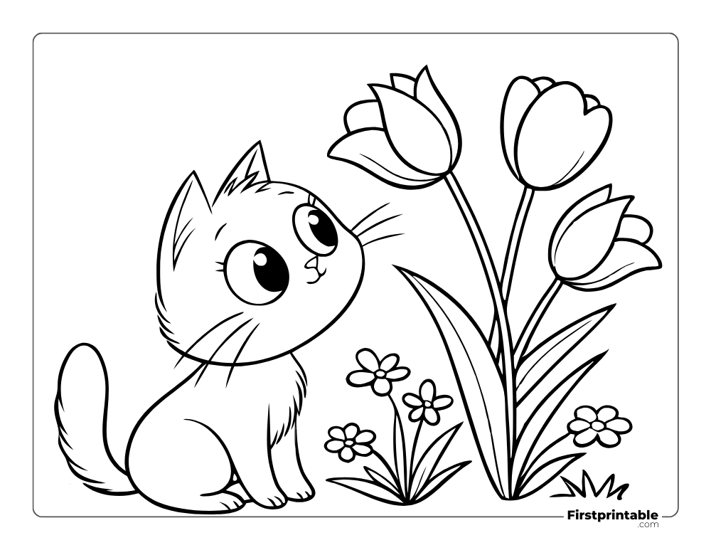 Cute Cat Looking at the Tulip Coloring Page