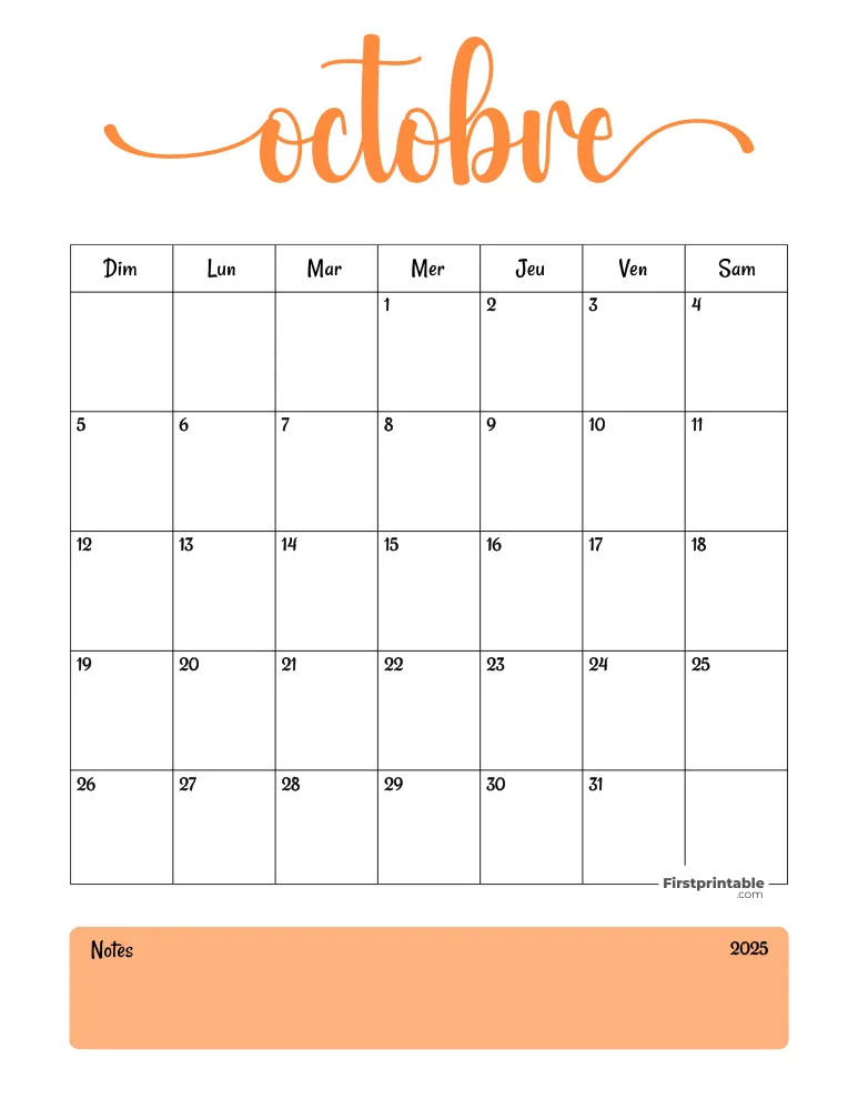 French Printable October Calendar 2025 Template 54