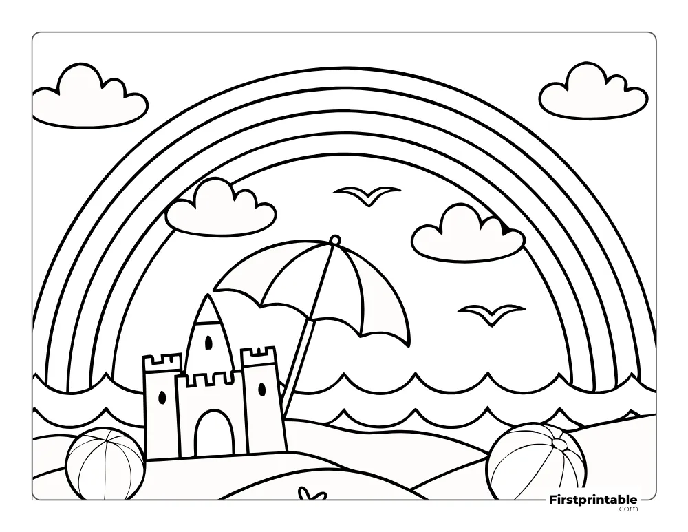 A rainbow appears on the beach Coloring Sheet