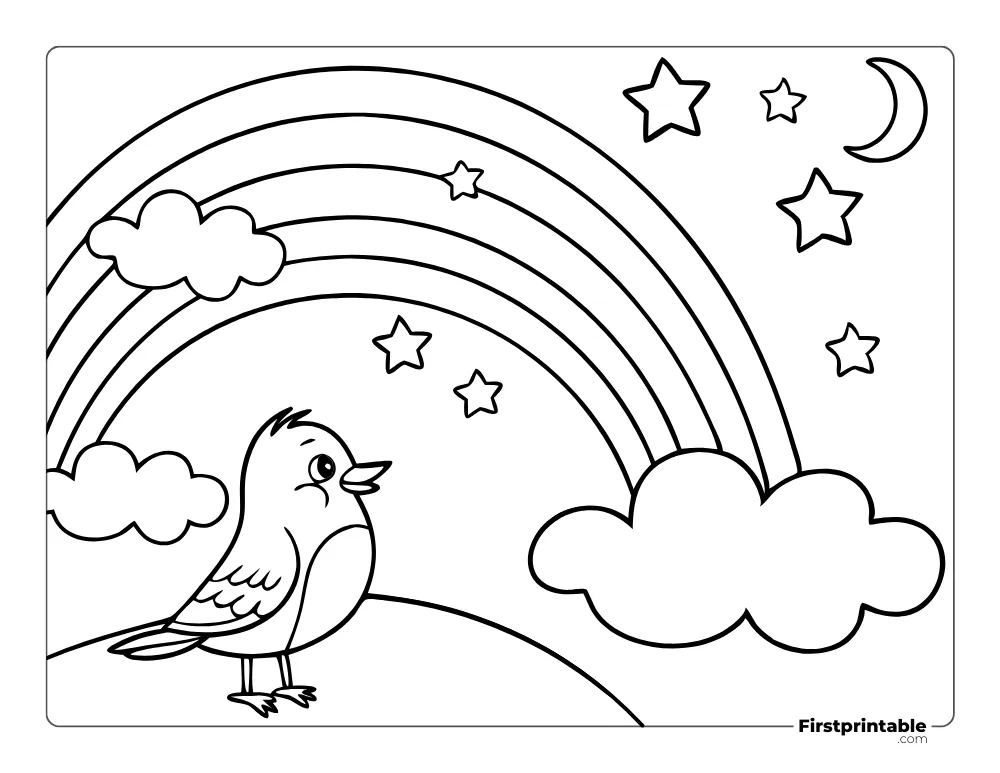 Cute Bird Seeing the Rainbow and Stars Coloring Page 