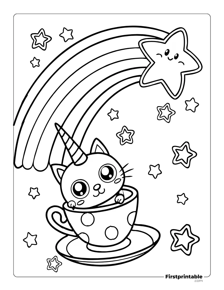 Color the Cat Unicorn inside Coffee Cup and Rainbow 