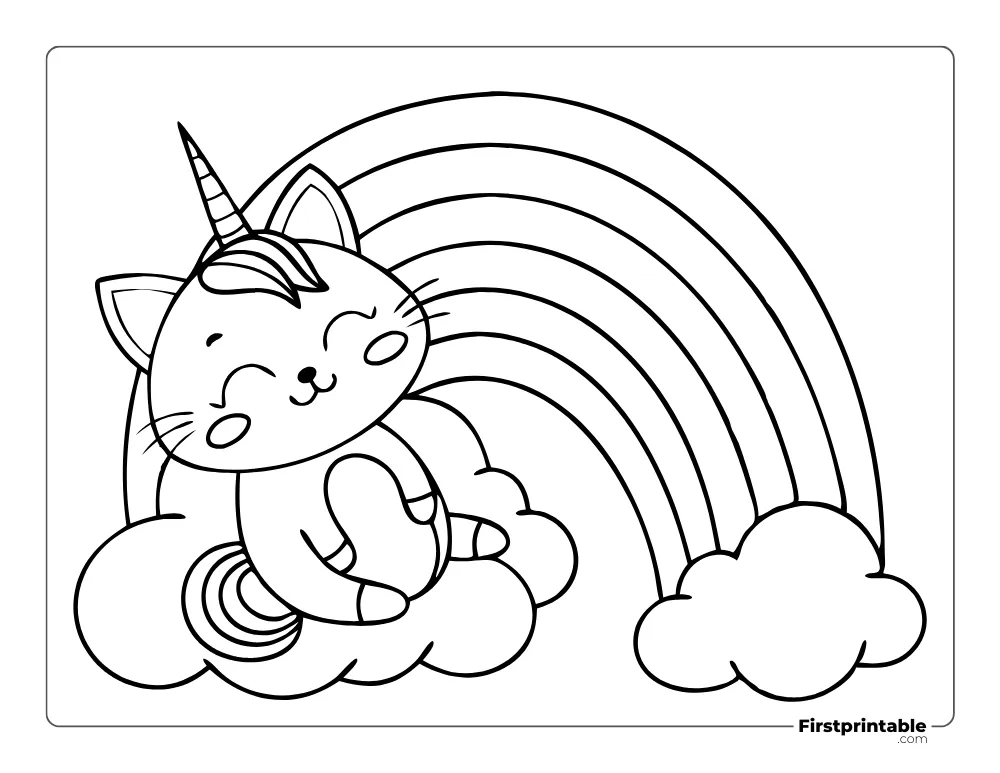 Cat Unicorn Relaxing in the Rainbow to Color for Kids