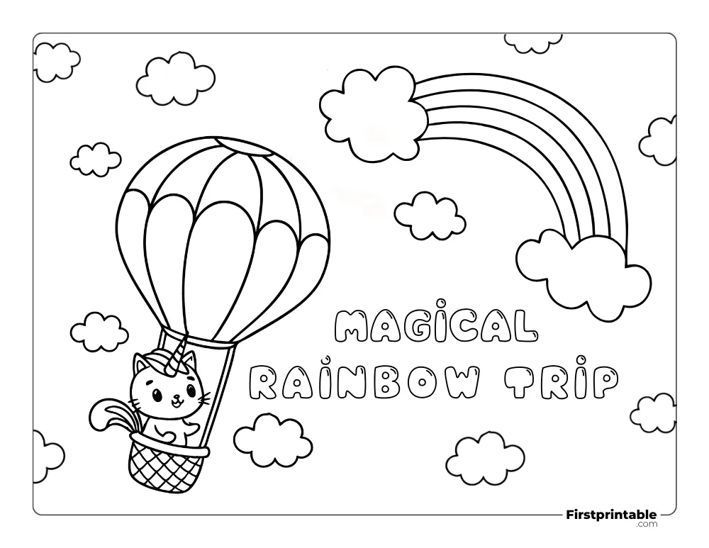 Magical Rainbow Trip with Cat unicorn Coloring Page