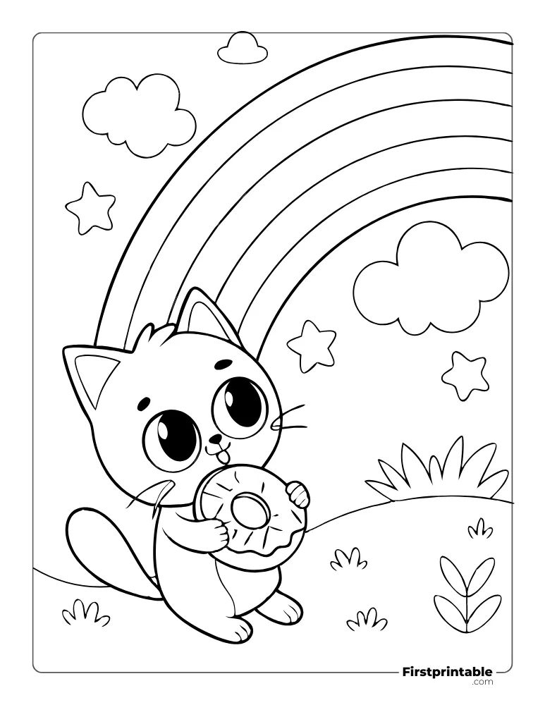 Cat Eating Donut Coloring Page