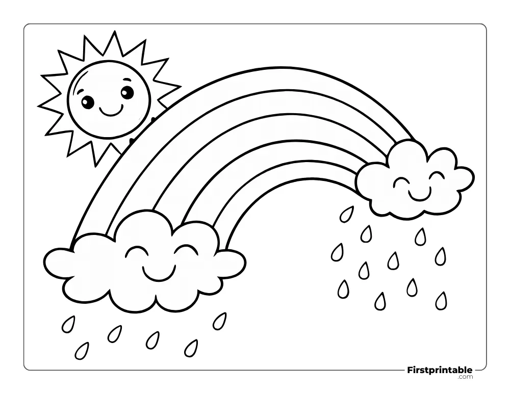 Kids Coloring a Rainbow, the Sun, and Rainy Clouds