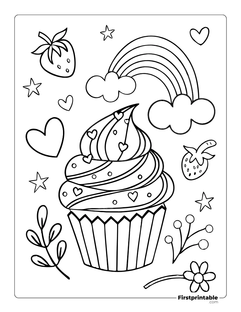 Color the Strawberry Cupcake and Rainbow