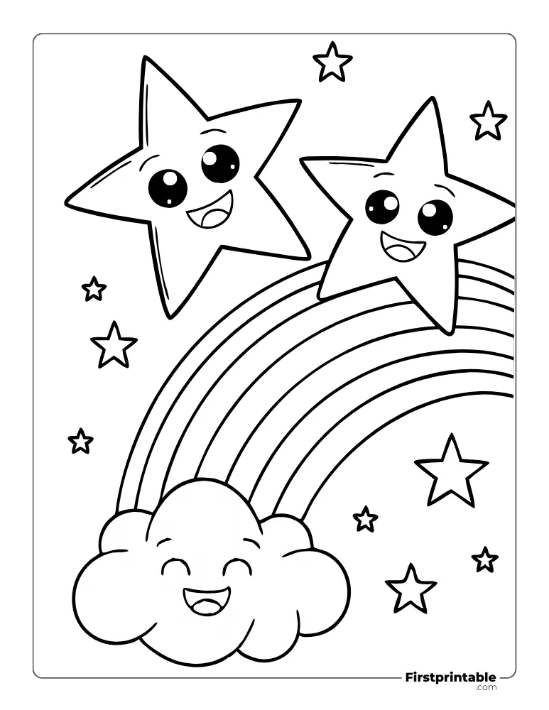 Cute Clouds with Stars Rainbow Coloring Page