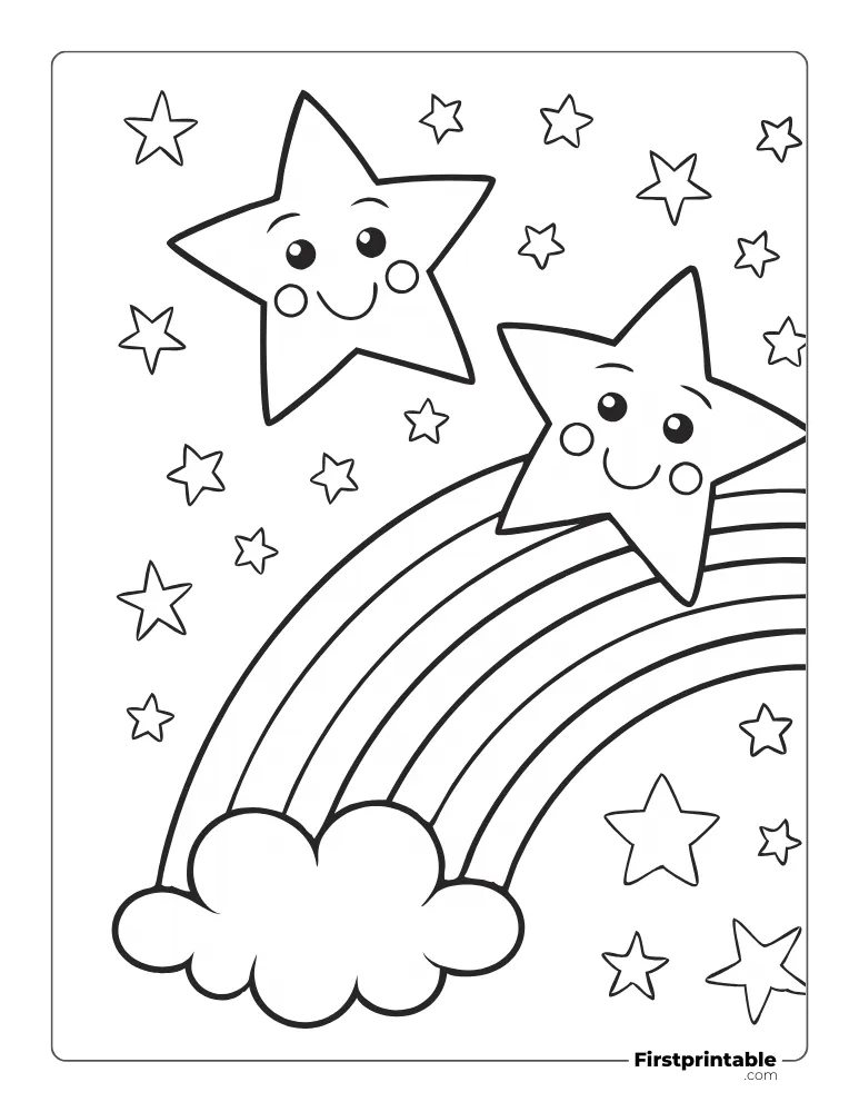 Rainbow with Cute Clouds and Stars Coloring Page